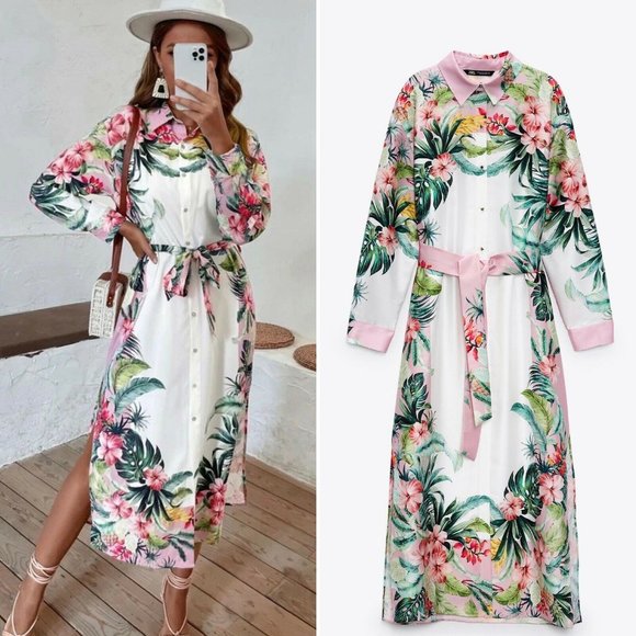 Zara Floral Pink and Green Midi Dress - Picture 11 of 15